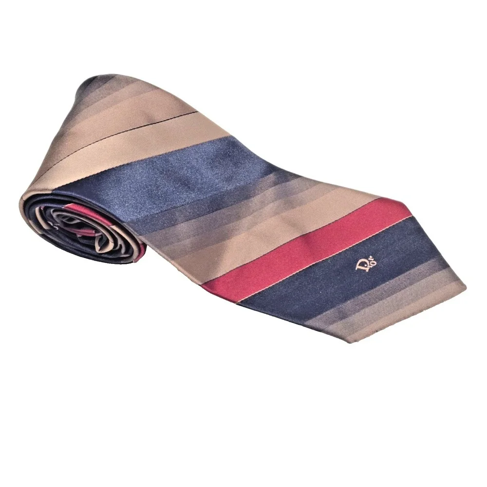 Christian Dior‎ Monsieur Tie USA Striped Burgundy Blue Brown Logo 57.3x3.3